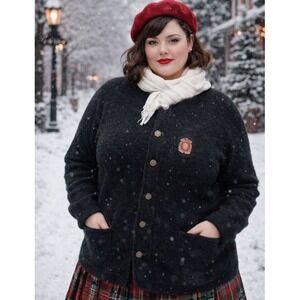 100% Pure Wool Black Jacket / Cardigan - Boiled Wool - Size XL